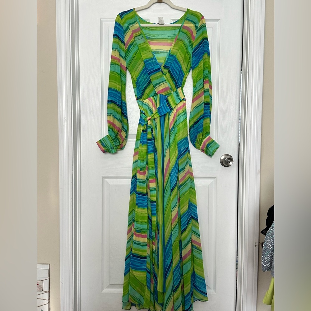 Women’s Sexy Diva Green striped Long sleeve Dress Sheer w/Waist Tie, Slip Sz: Sm